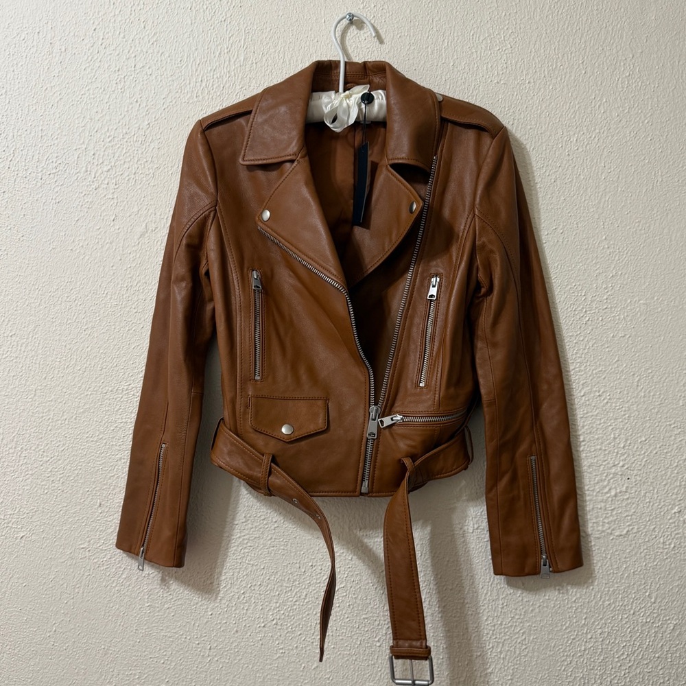 NWT Gianni Bini Leather Moto Jacket Cognac Genuine Leather Belted Zipper Size S